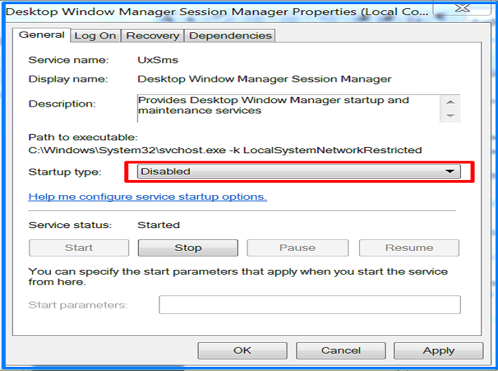 Disabled Properties of Desktop Window Manager Session Manager